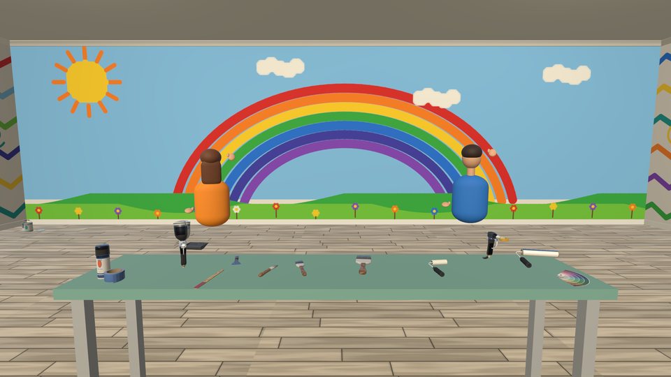 Two players painting a mural together